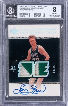 2003-04 UD "Exquisite Collection" Emblems of Endorsement #LB Larry Bird Signed Game Used Patch Card (#10/15) - BGS NM-MT 8/BGS 10